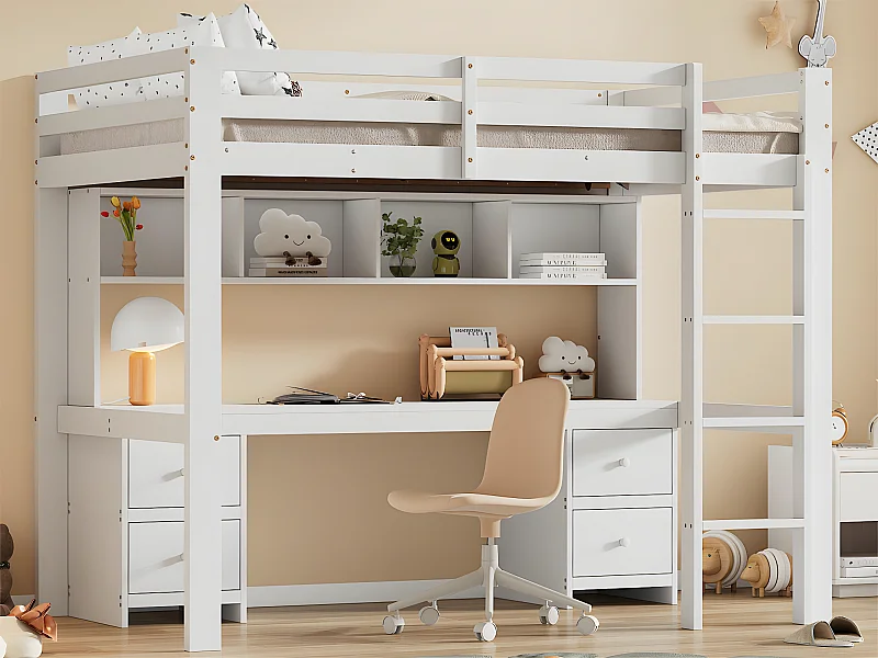 Letto a soppalco 90x200 cm - con scrivania e 2 cassettiere - in pino massiccio e MDF - Bianco