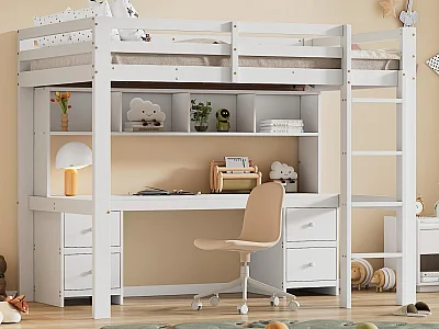 Lit mezzanine 90x200cm - avec bureau et 2 commodes - en pin massif et MDF - Blanc