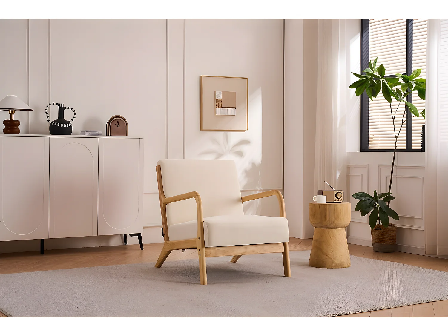 Fauteuil "Clinton" en bois style scandinave - Lin - Beige