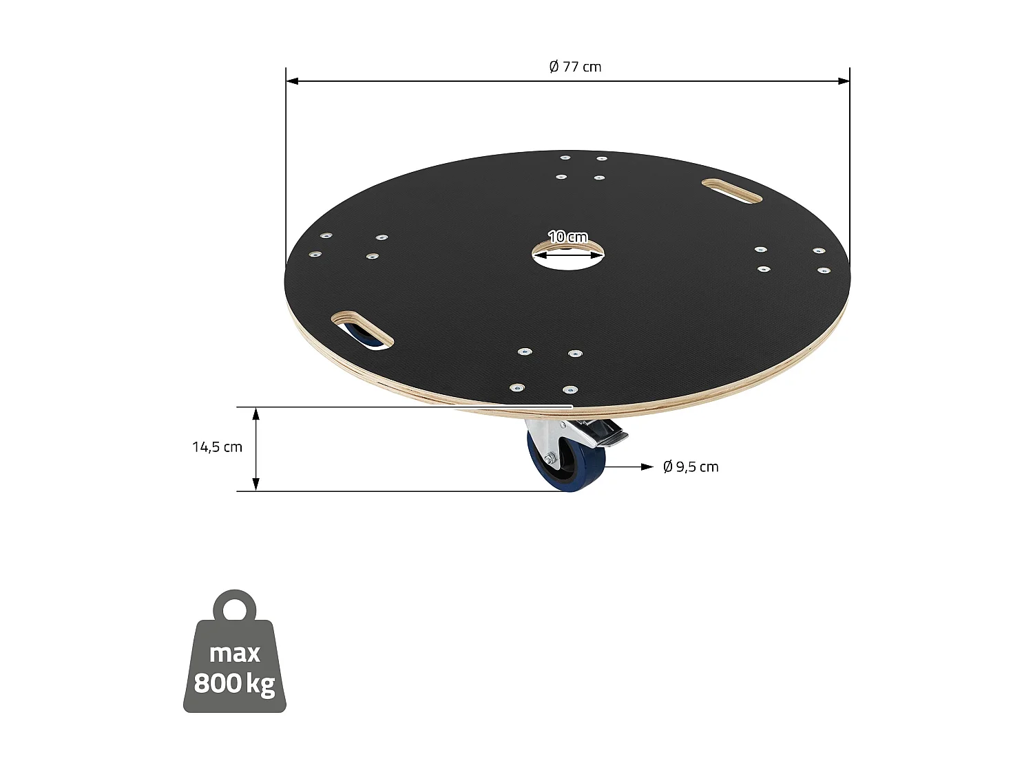 Chariot de transport à roulettes pivotantes 2 freins 800kg de charge rond Ø 77cm