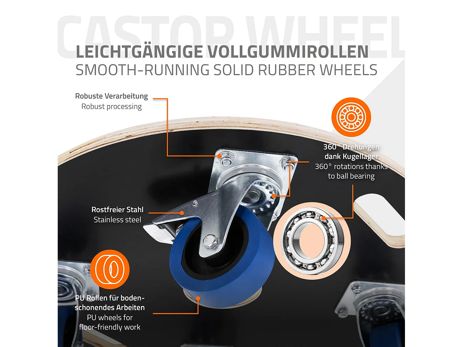 Chariot de transport à roulettes pivotantes 2 freins 800kg de charge rond Ø 87cm