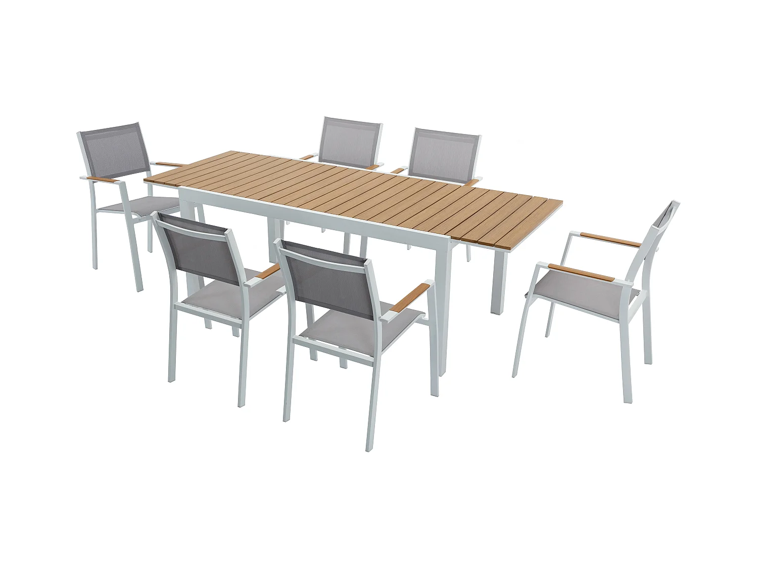 Salle à manger de jardin en aluminium et polywood : une table extensible L.170/230 cm et 6 fauteuils empilables - Naturel clair et gris - MACILA de MYLIA