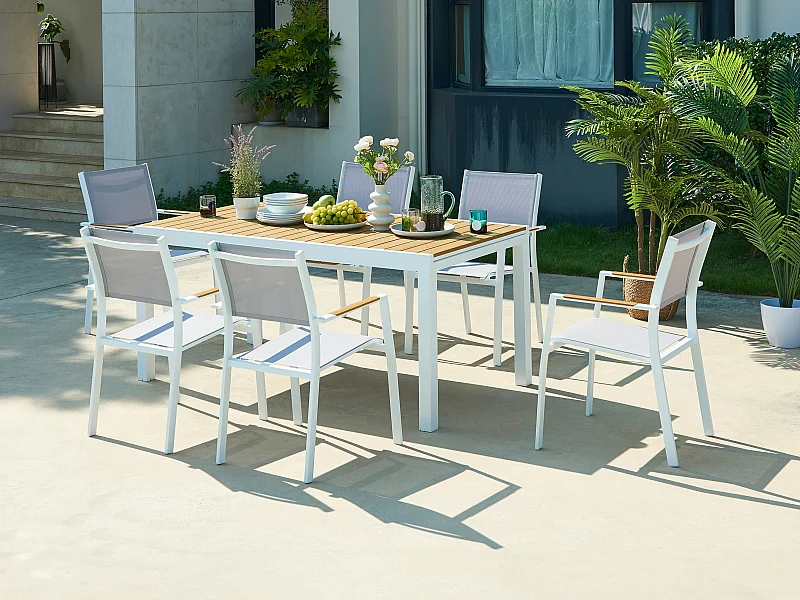 Garten-Essgruppe: Tisch ausziehbar L. 170/230 cm + 6 stapelbare Sessel - Aluminium & Polywood - Holzfarben hell & Grau - MACILA von MYLIA