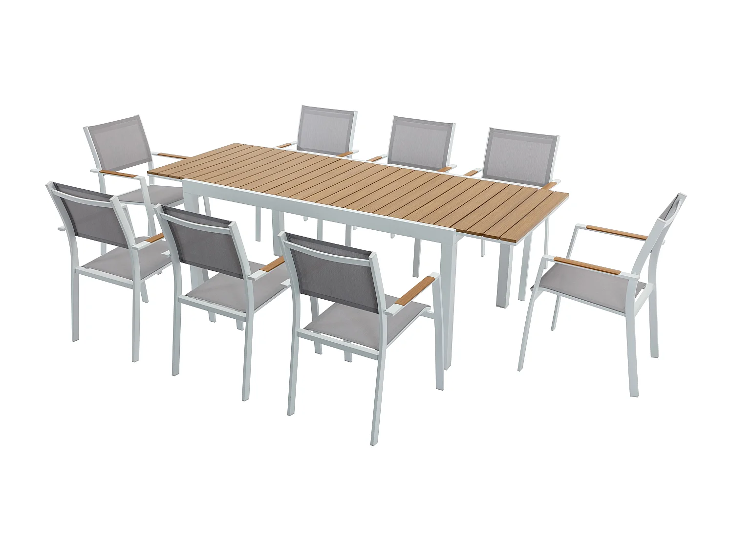 Comedor de jardín de aluminio y poliwood: una mesa extensible L.170 / 230 cm y 8 sillas apilables - Natural claro y gris - MACILA de MYLIA