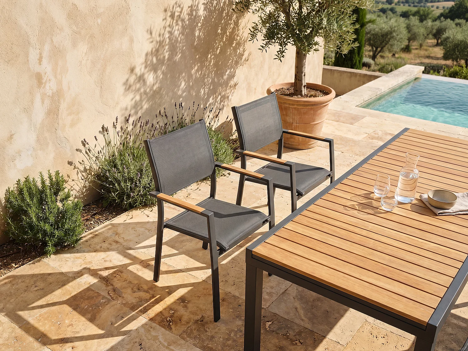 Set of 2 stacking garden armchairs in aluminium and textilene - Anthracite - MACILA by MYLIA