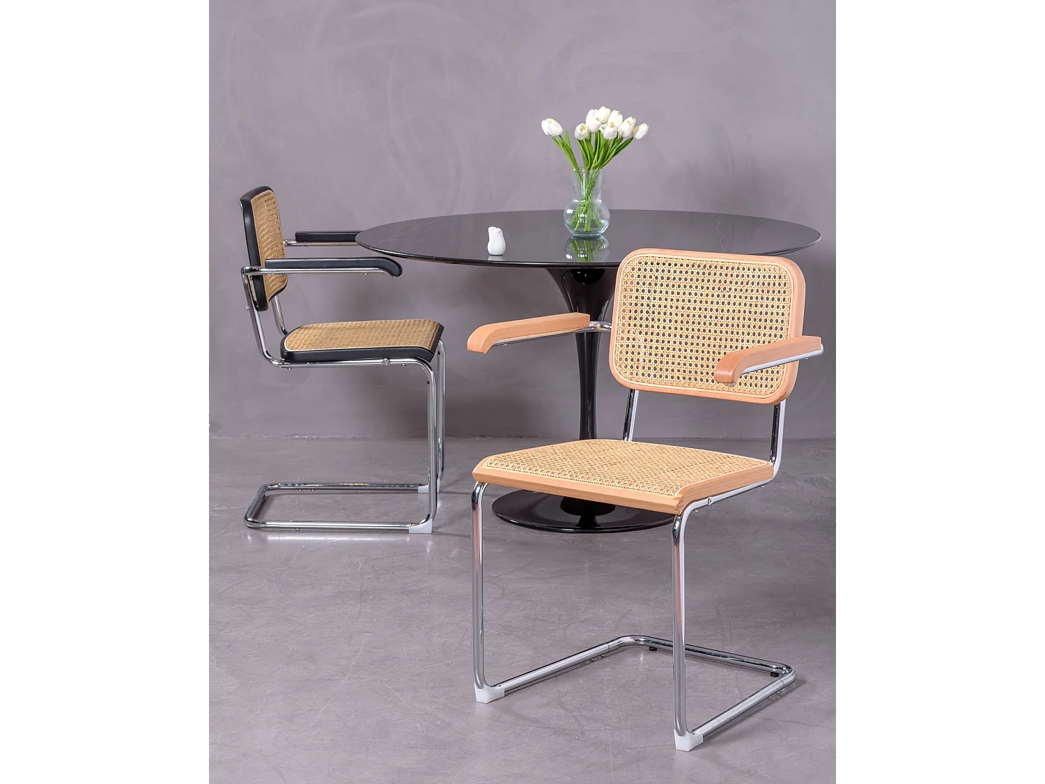 Chaise rétro en rotin et bois de hêtre avec accoudoirs - Cesca - Hêtre naturel