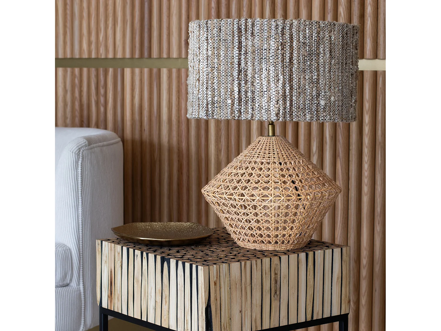 Now's Home - Lampe A Poser En Rotin Naturel Et Tweed Fait Main  Ht 48.5cm