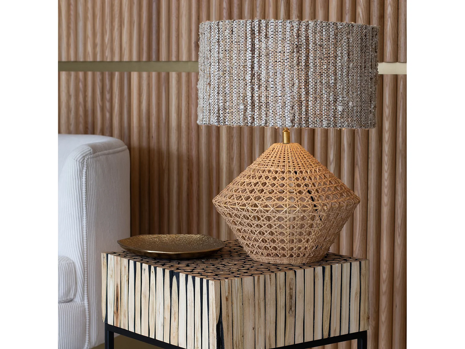 Now's Home - Lampe A Poser En Rotin Naturel Et Tweed Fait Main  Ht 48.5cm