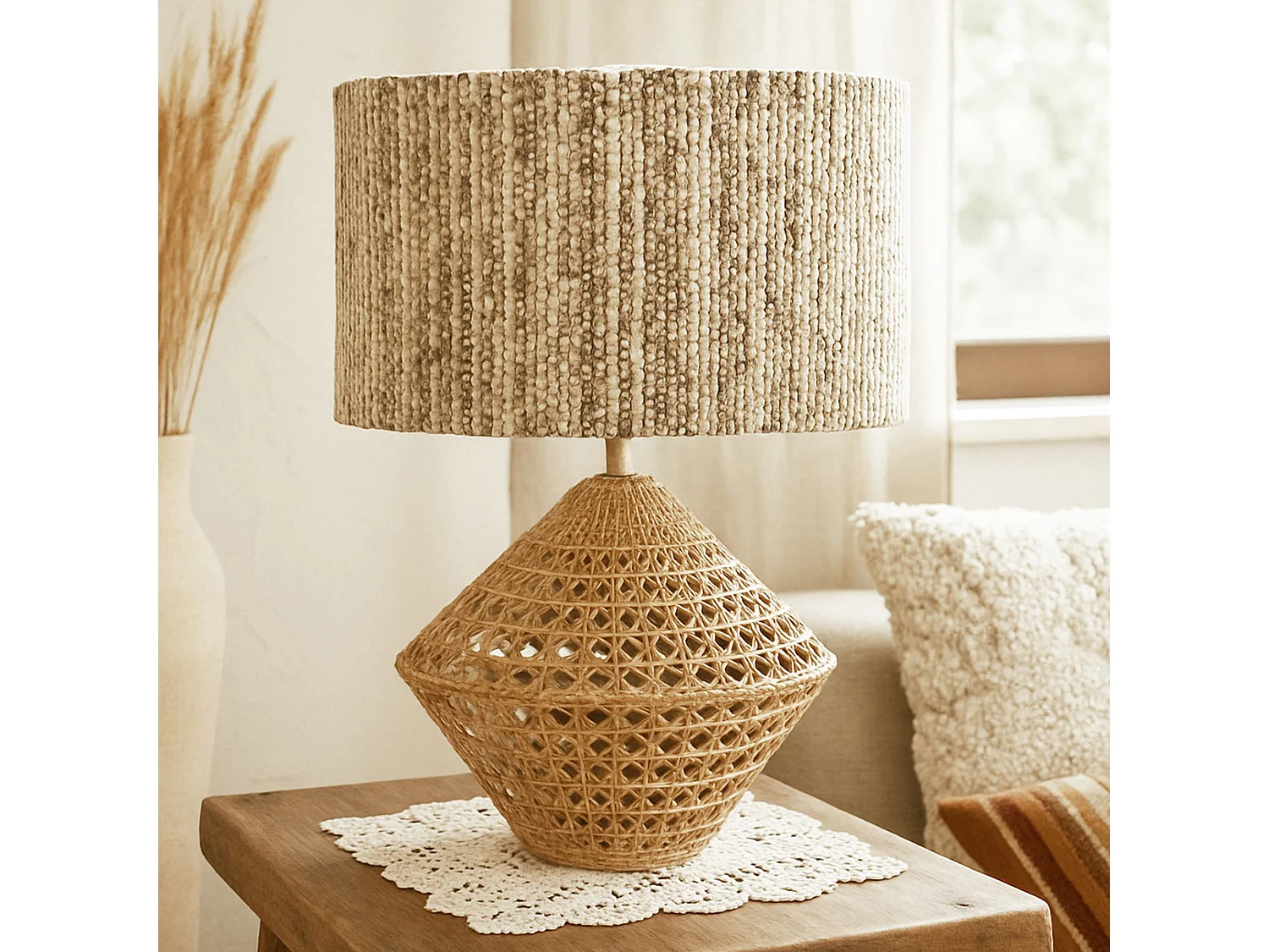 Now's Home - Lampe A Poser En Rotin Naturel Et Tweed Fait Main  Ht 48.5cm