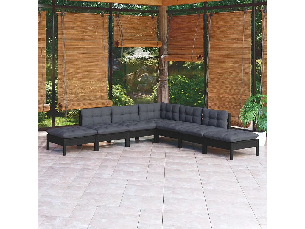 7-tlg. Garten-Lounge-Set mit Kissen Schwarz Kiefernholz