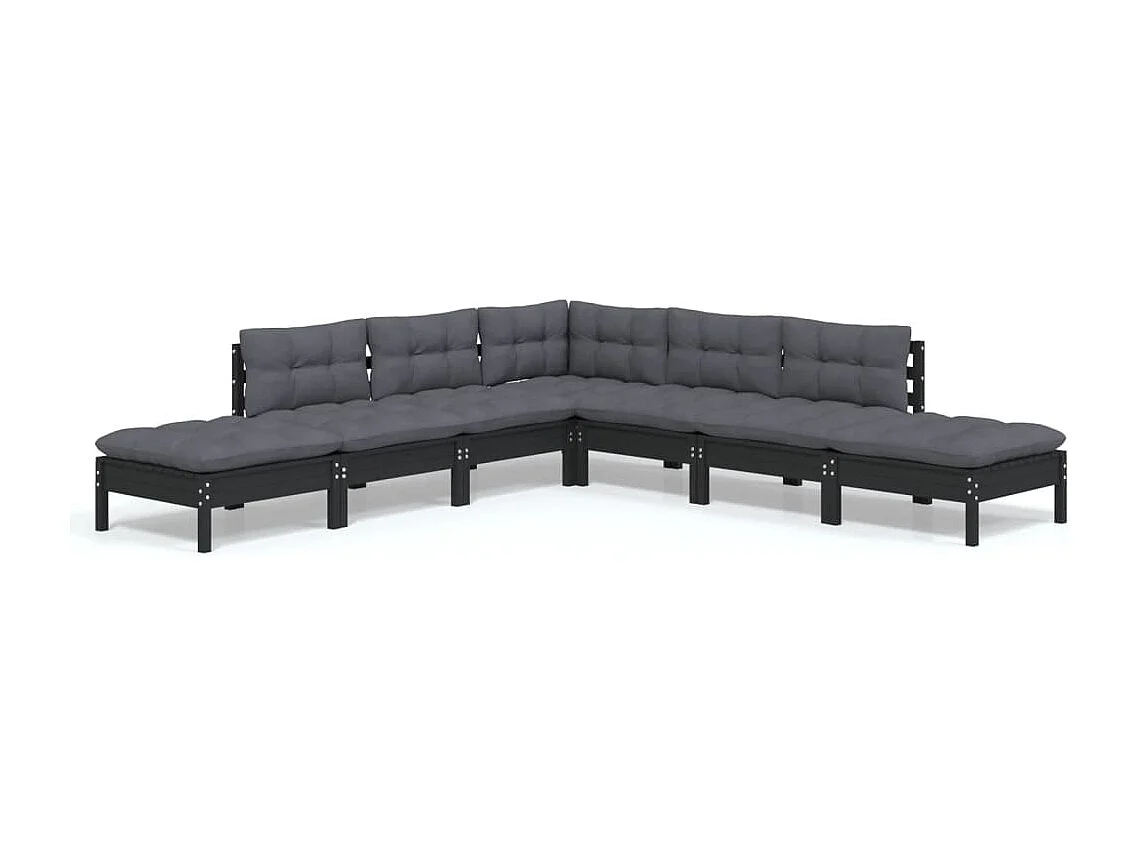 7-tlg. Garten-Lounge-Set mit Kissen Schwarz Kiefernholz