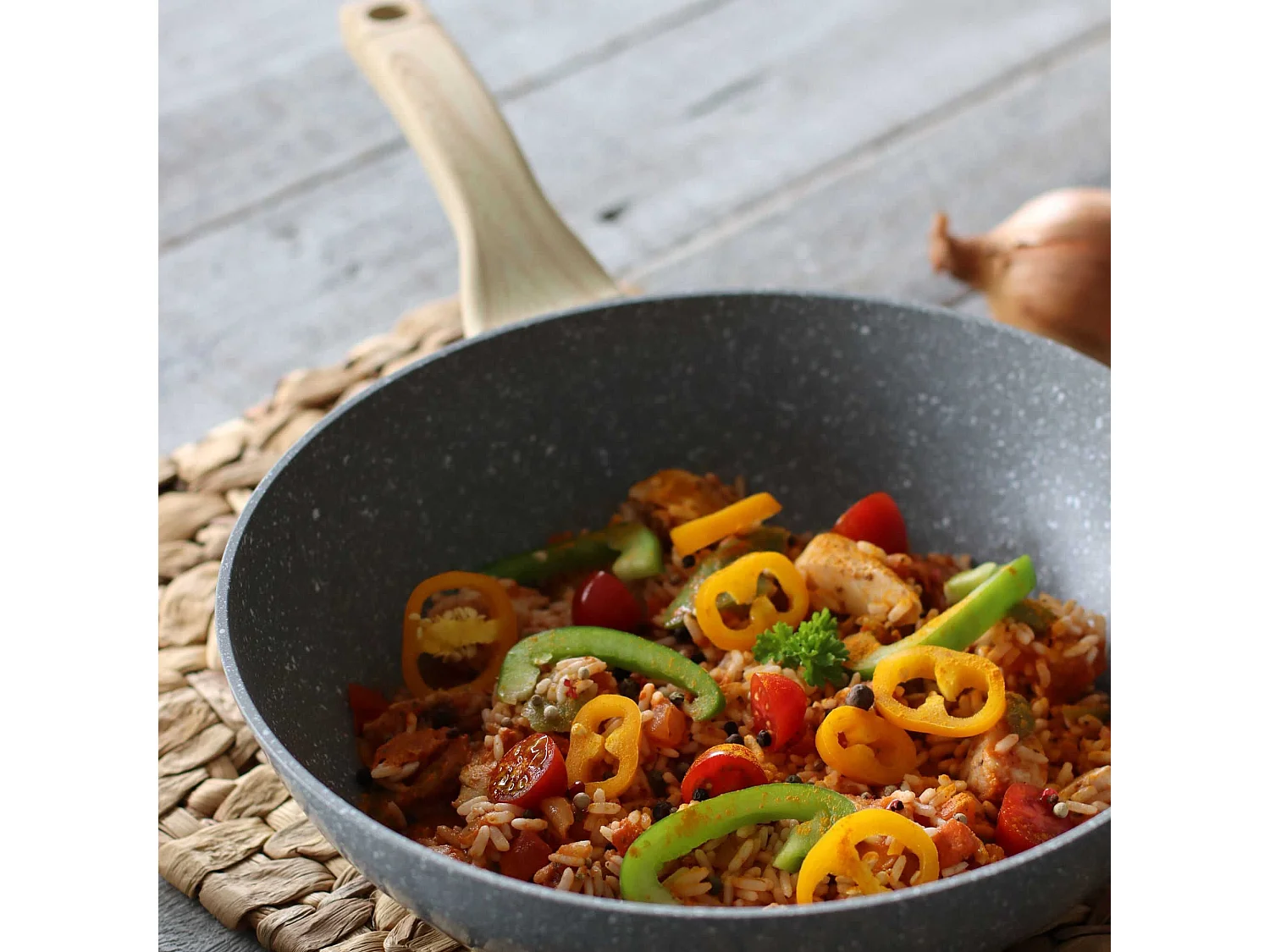 Menastyl - Wok Cannelle 28 Cm Avec Poignees En Bois Clair