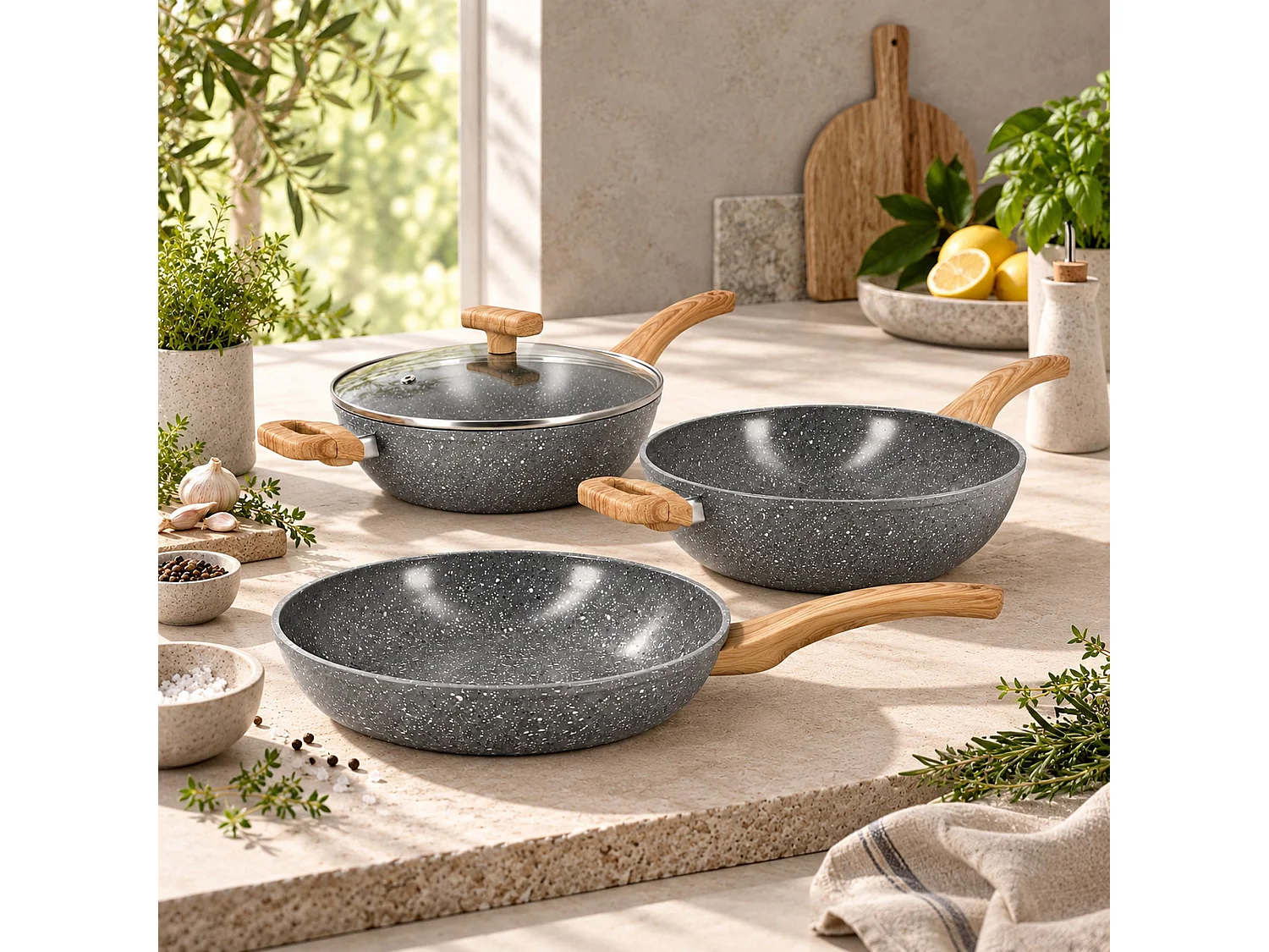 Menastyl - Wok Cannelle 28 Cm Avec Poignées En Bois Clair