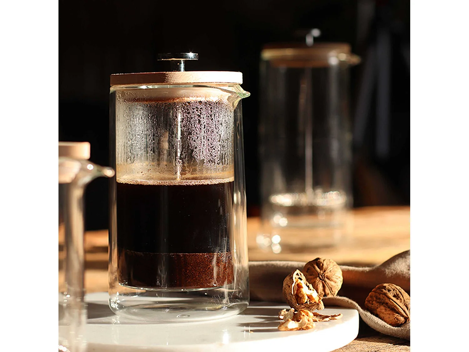 Ogo Living - Cafetiere Piston Octave 350ml En Verre Double Paroi Couvercle Bois