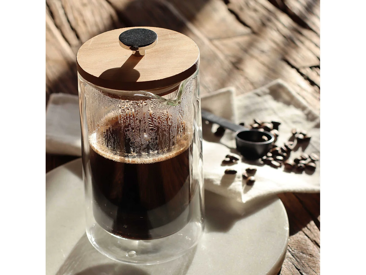 Ogo Living - Cafetiere Piston Octave 500ml En Verre Double Paroi Couvercle Bois