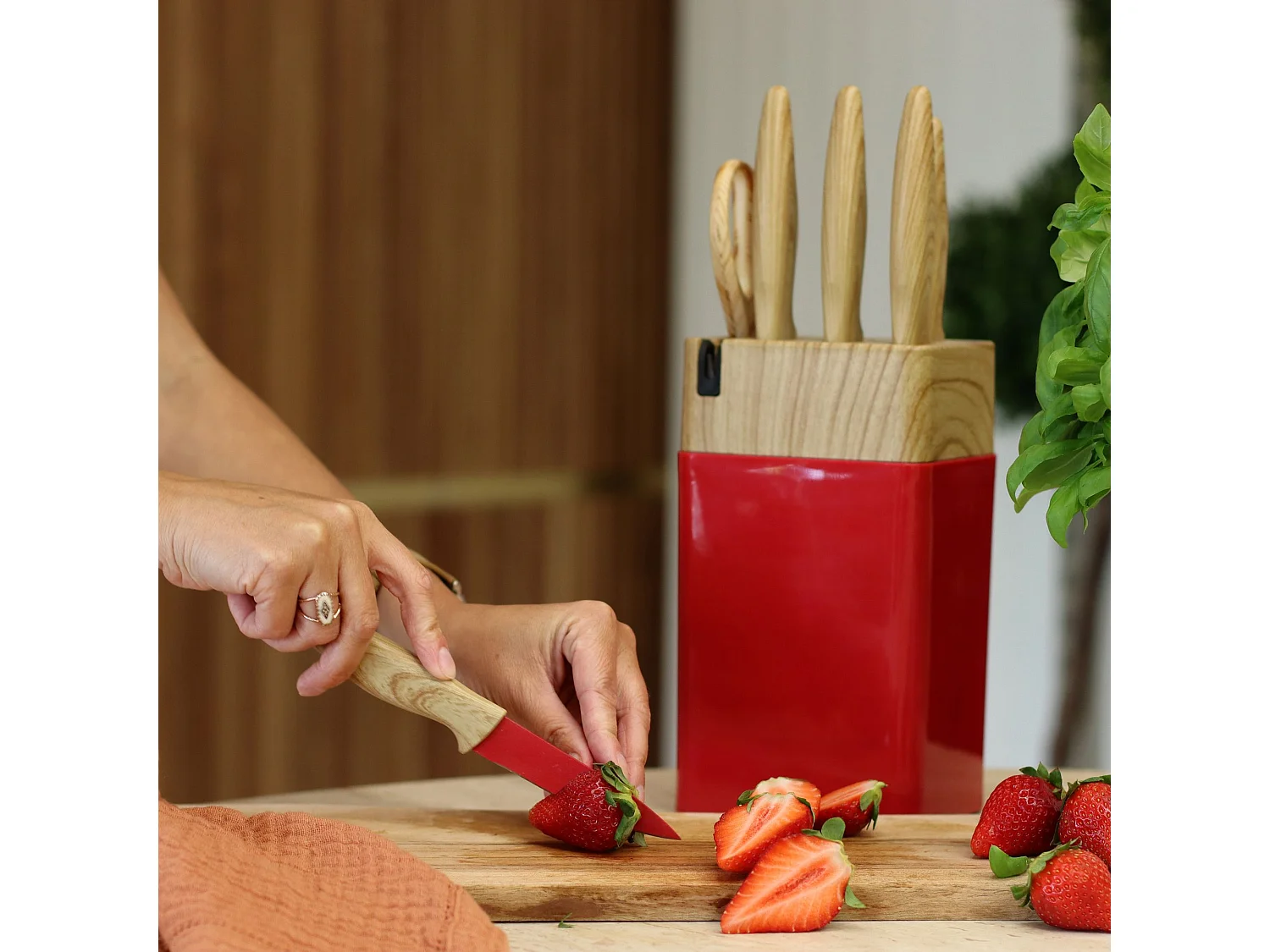 Menastyl - Bloc A Couteaux 6 Pieces En Polypropylene Magenta Et Effet Bois