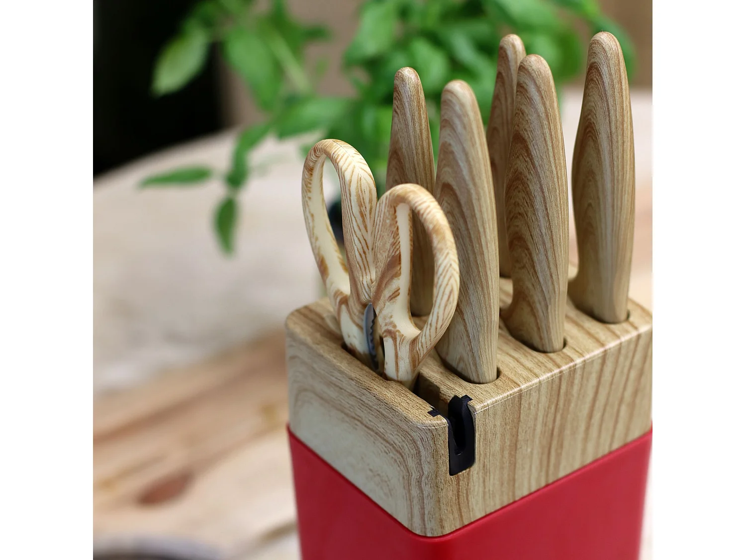 Menastyl - Bloc A Couteaux 6 Pieces En Polypropylene Magenta Et Effet Bois