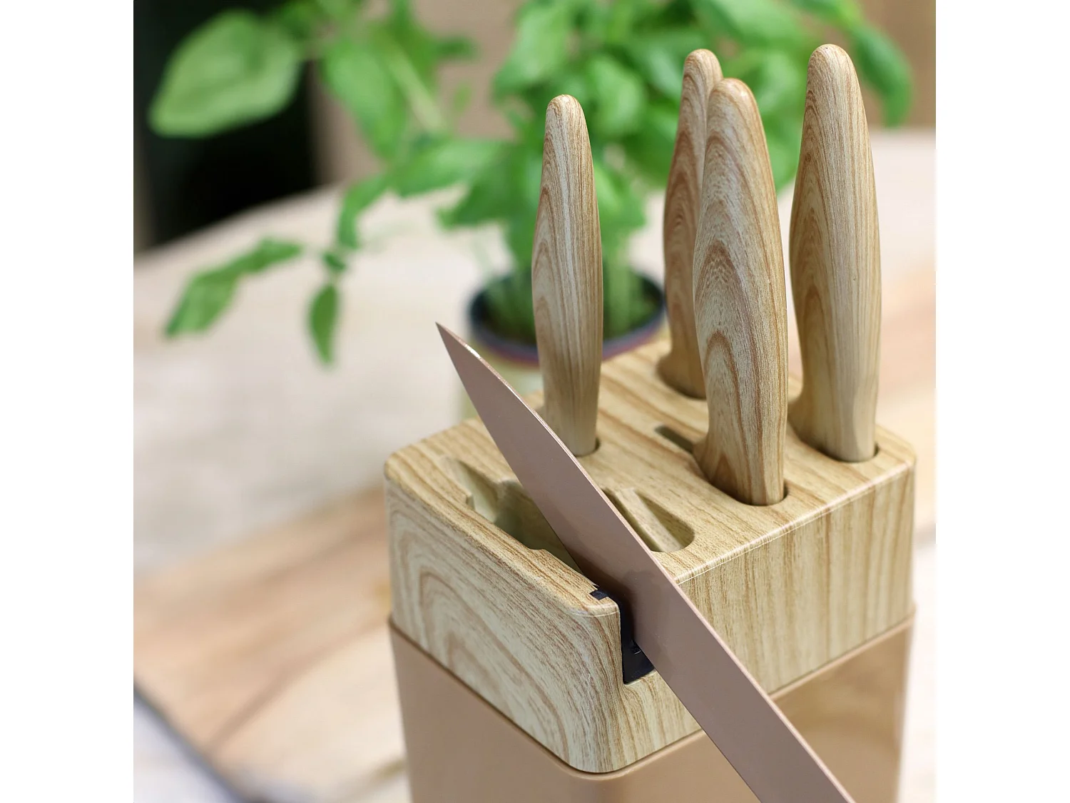 Menastyl - Bloc A Couteaux 6 Pieces En Polypropylene Noisette Et Effet Bois