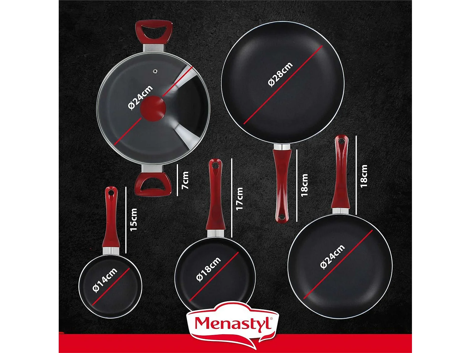Menastyl - Set 5 Pieces Cerise Casserole Poele Faitout Induction En Aluminium