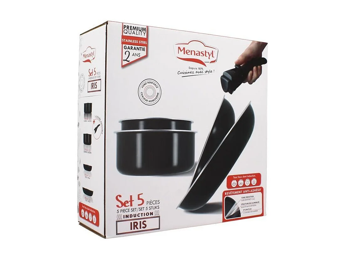 Juego de utensilios de cocina para inducción - Aluminio antiadherente - 5 piezas - Mango extraíble - Negro