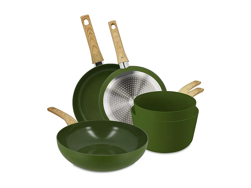 Menastyl - Set 5 Pieces Olive Casserole Poele Wok En Aluminium Induction Revetement Ceramique