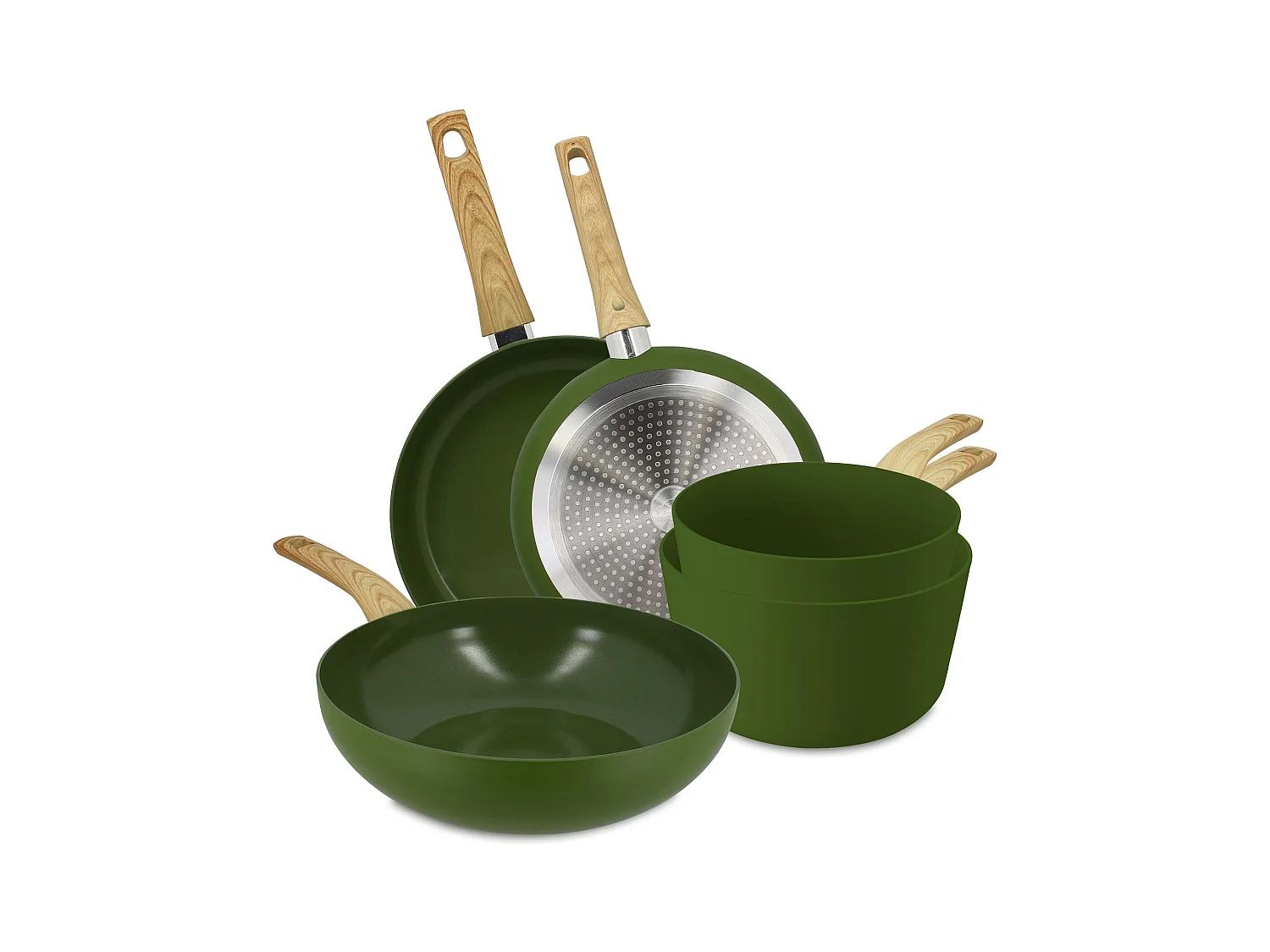 Menastyl - Set 5 Pieces Olive Casserole Poele Wok En Aluminium Induction Revetement Ceramique