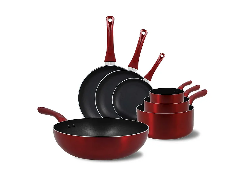 Menastyl - Set 7 Pieces Cerise Casserole Poele Wok En Aluminium Induction