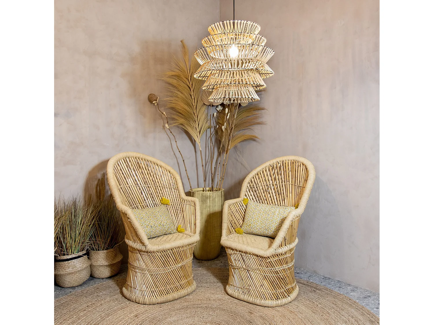 Now's Home - Cache Ampoule En Bambou Tressee A La  Main 51x51x46cm Ganon