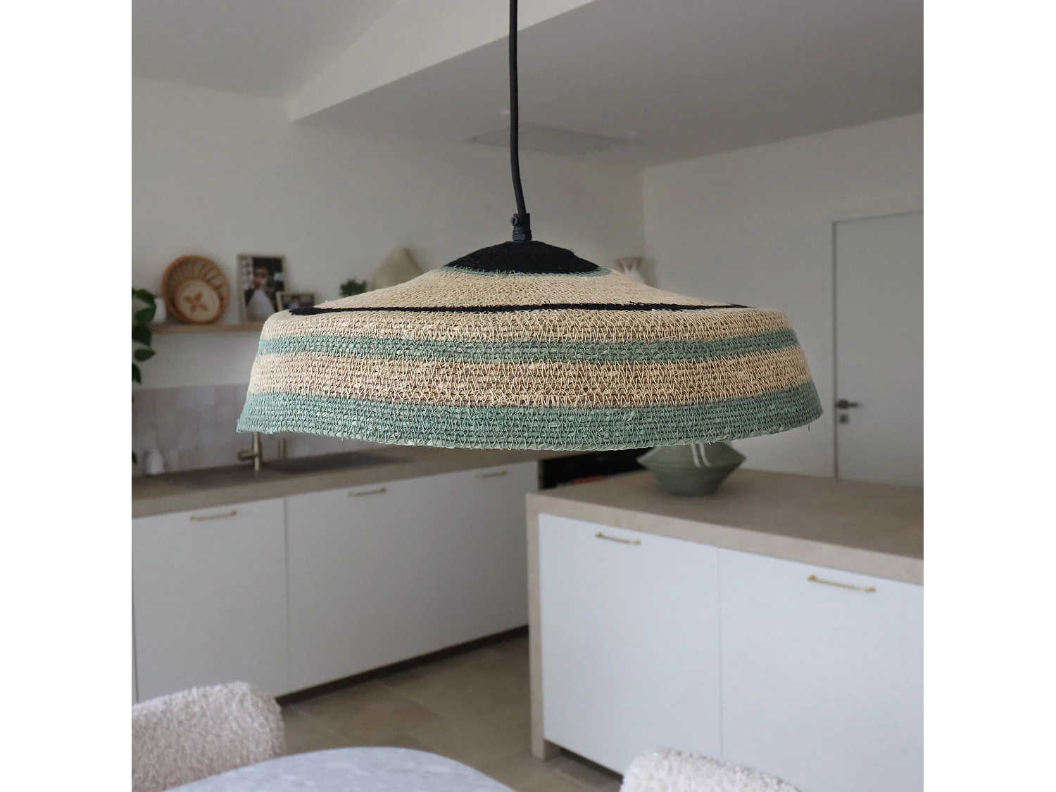 Now's Home - Suspension En Jonc De Mer Naturel Et Vert Fait Main 45x13cm Trinidad