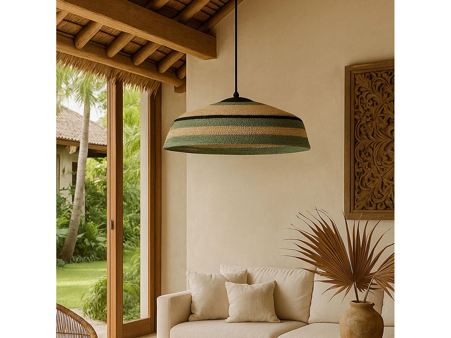 Now's Home - Suspension En Jonc De Mer Naturel Et Vert Fait Main 45x13cm Trinidad