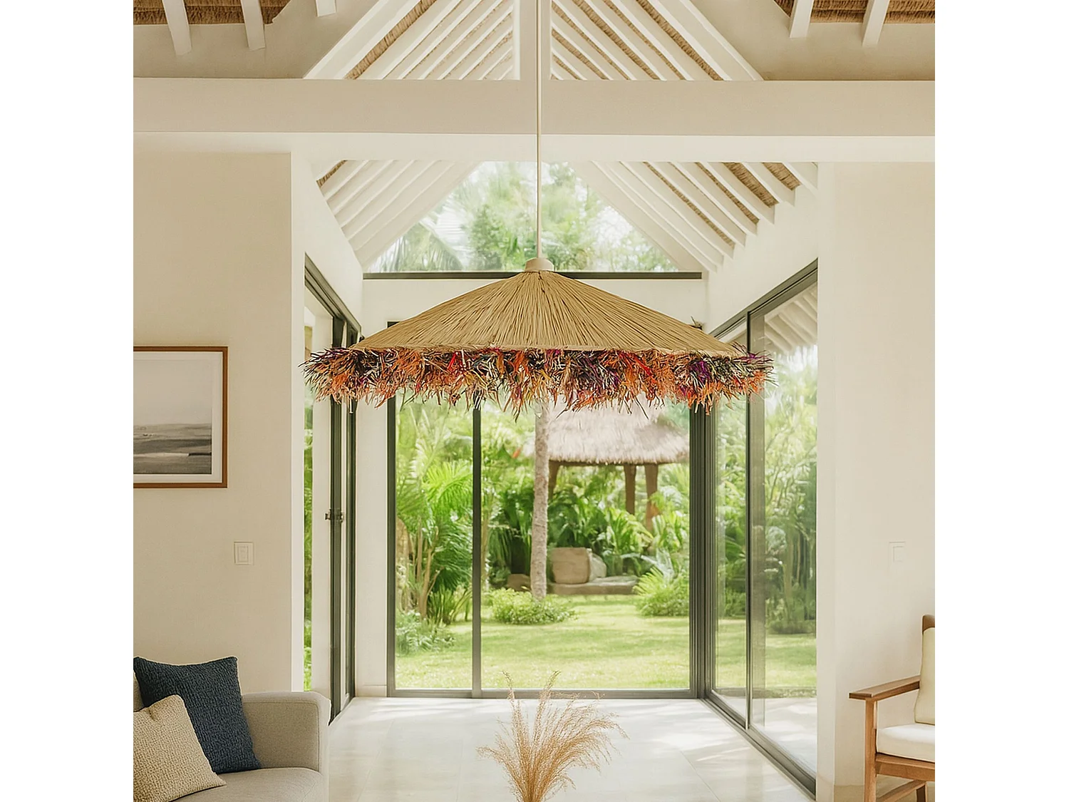 Now's Home - Suspension En Raphia Naturel  Avec Franges Colorees D70x12cm Belaga