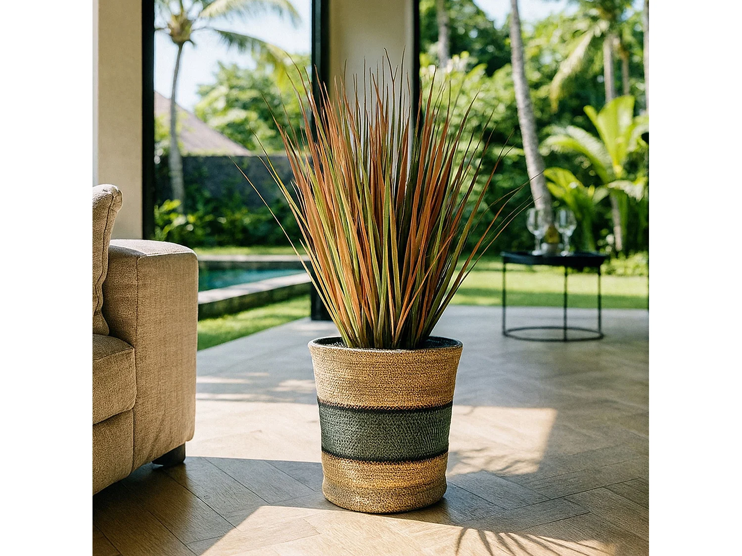 Now's Home - Panier En Jonc De Mer Tresse A La Main Naturel Vert/noir  25x25cm Jeri