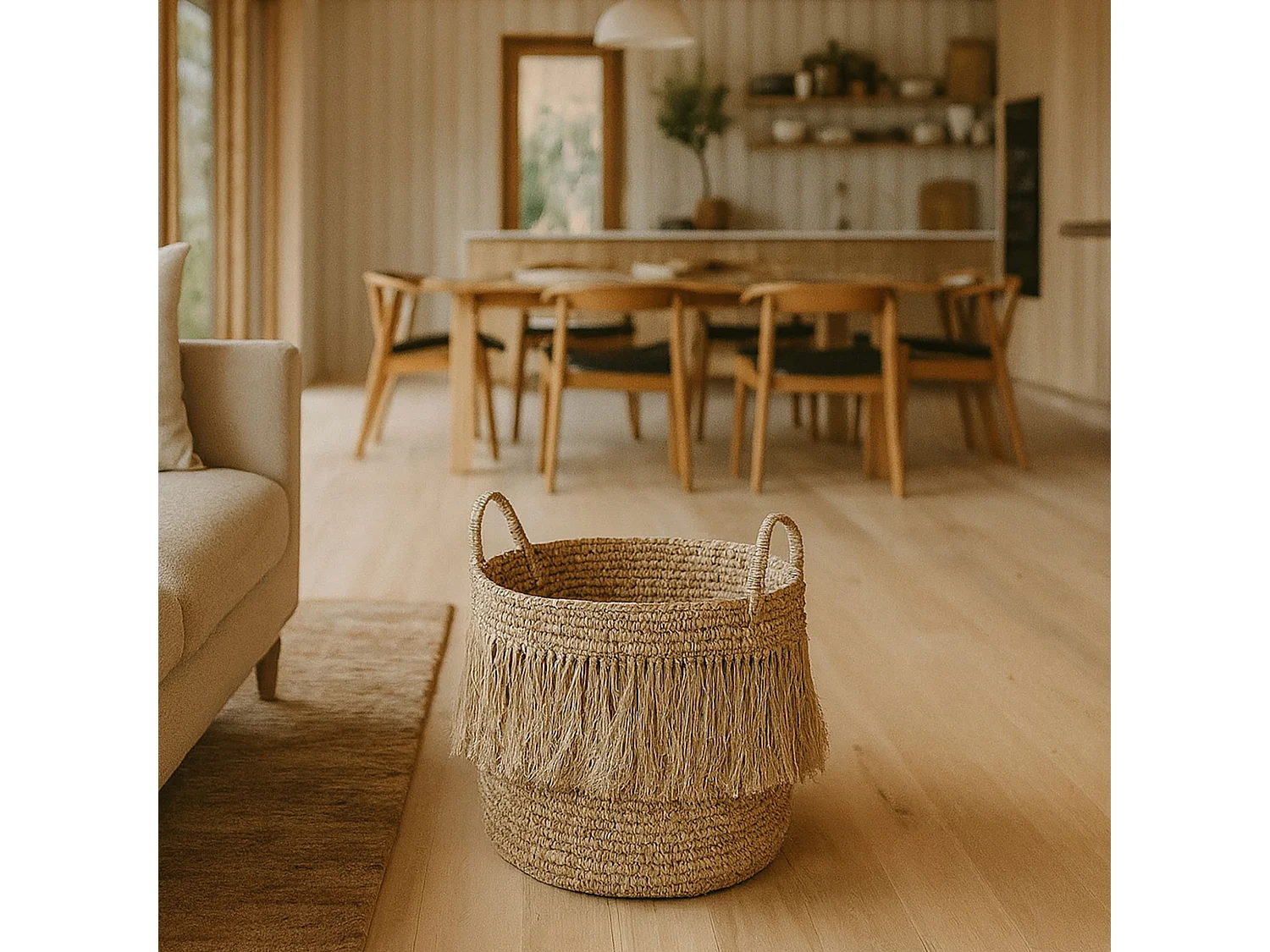 Now's Home - Panier A Franges En Raphia Naturel A Anses Diam48cm X Ht49 Cm Luys