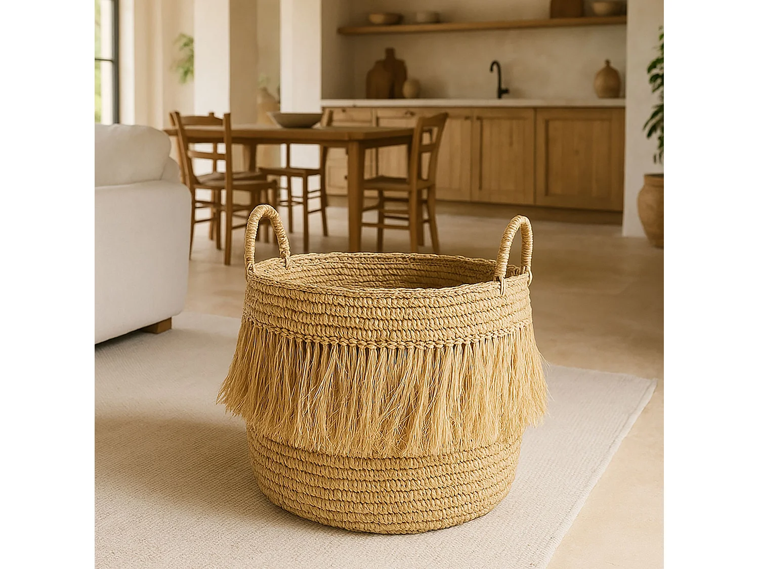 Now's Home - Panier A Franges En Raphia Naturel A Anses Diam48cm X Ht49 Cm Luys