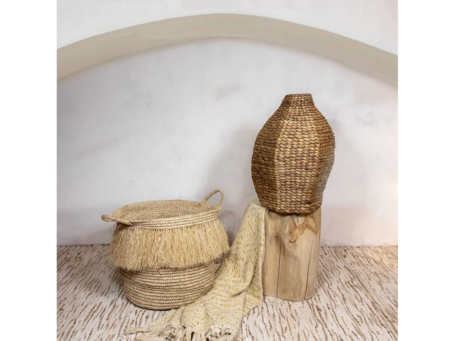 Now's Home - Panier A Franges En Raphia Naturel Avec Anses D44xh41cm Luys