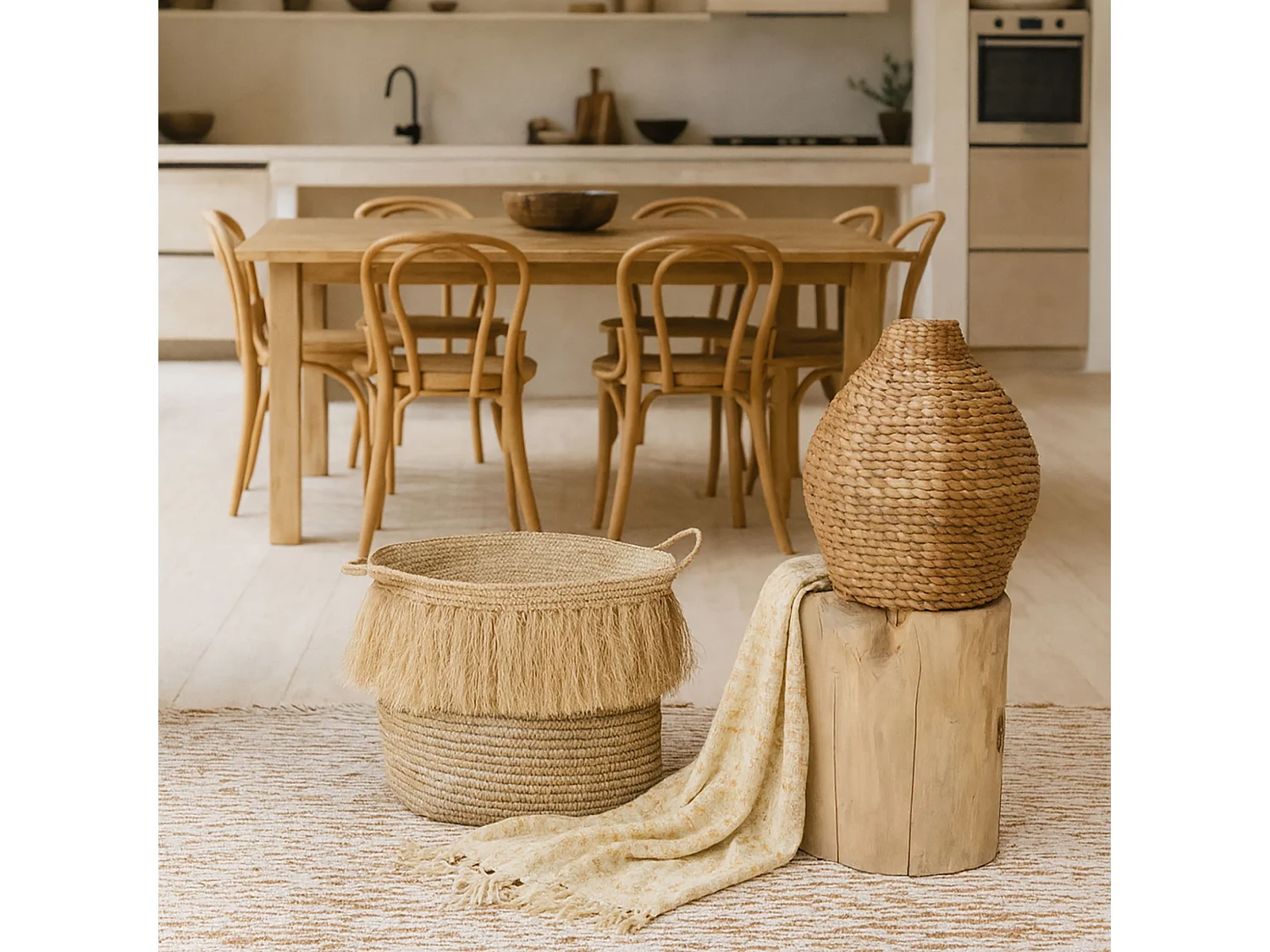 Now's Home - Panier à Franges En Raphia Naturel Avec Anses D44xh41cm Luys