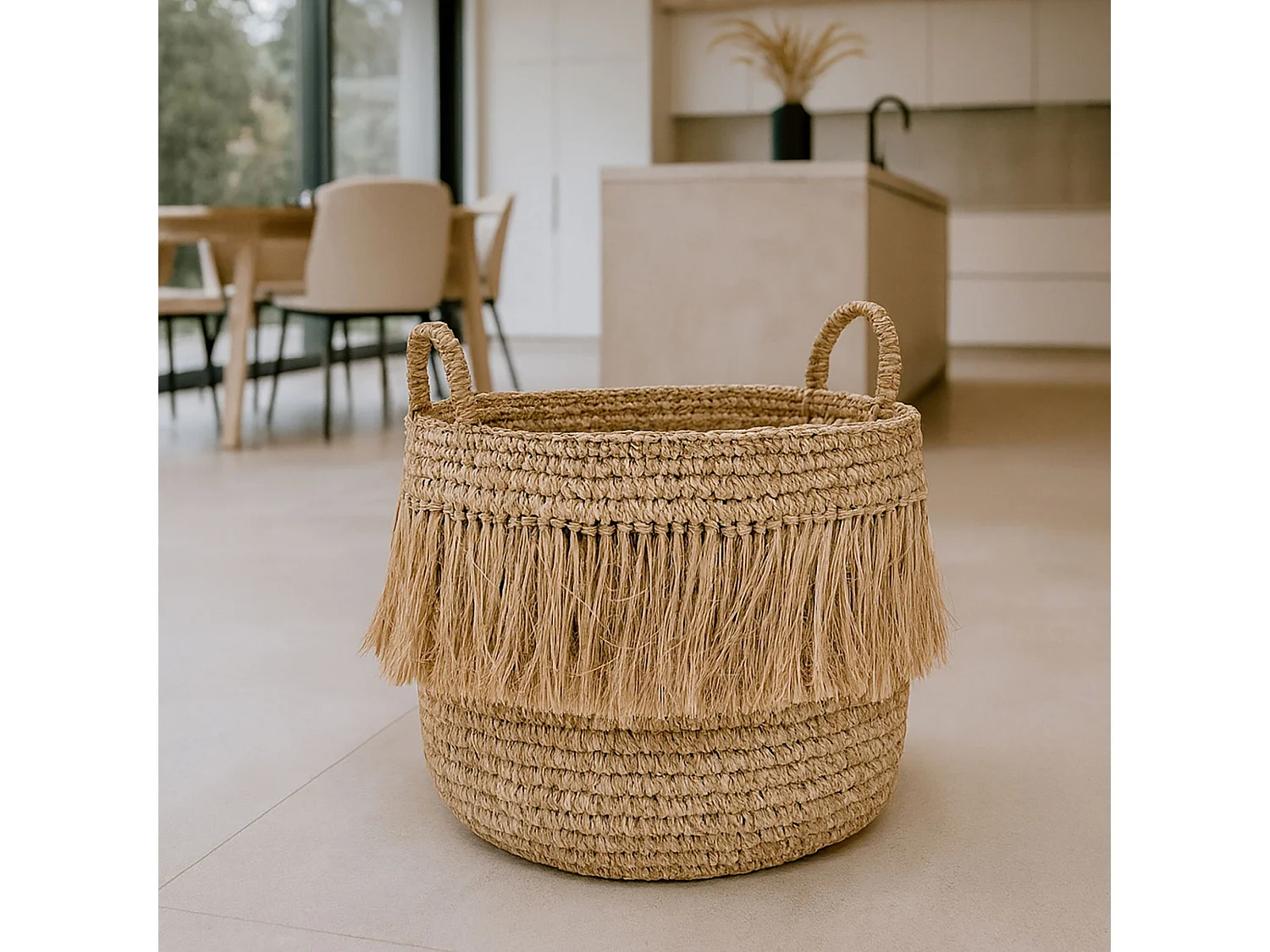Now's Home - Panier à Franges En Raphia Naturel Avec Anses D44xh41cm Luys