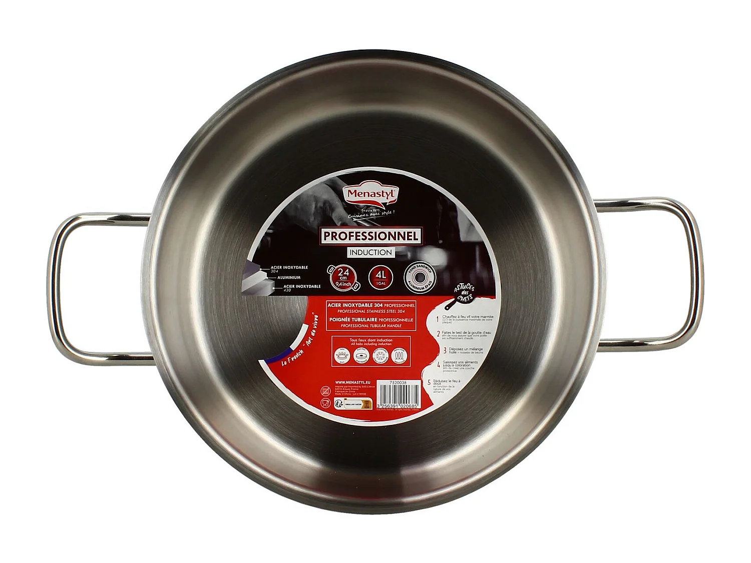 Menastyl - Marmite Professionnel 24cm En Acier Inoxydable Avec Couvercle En Verre