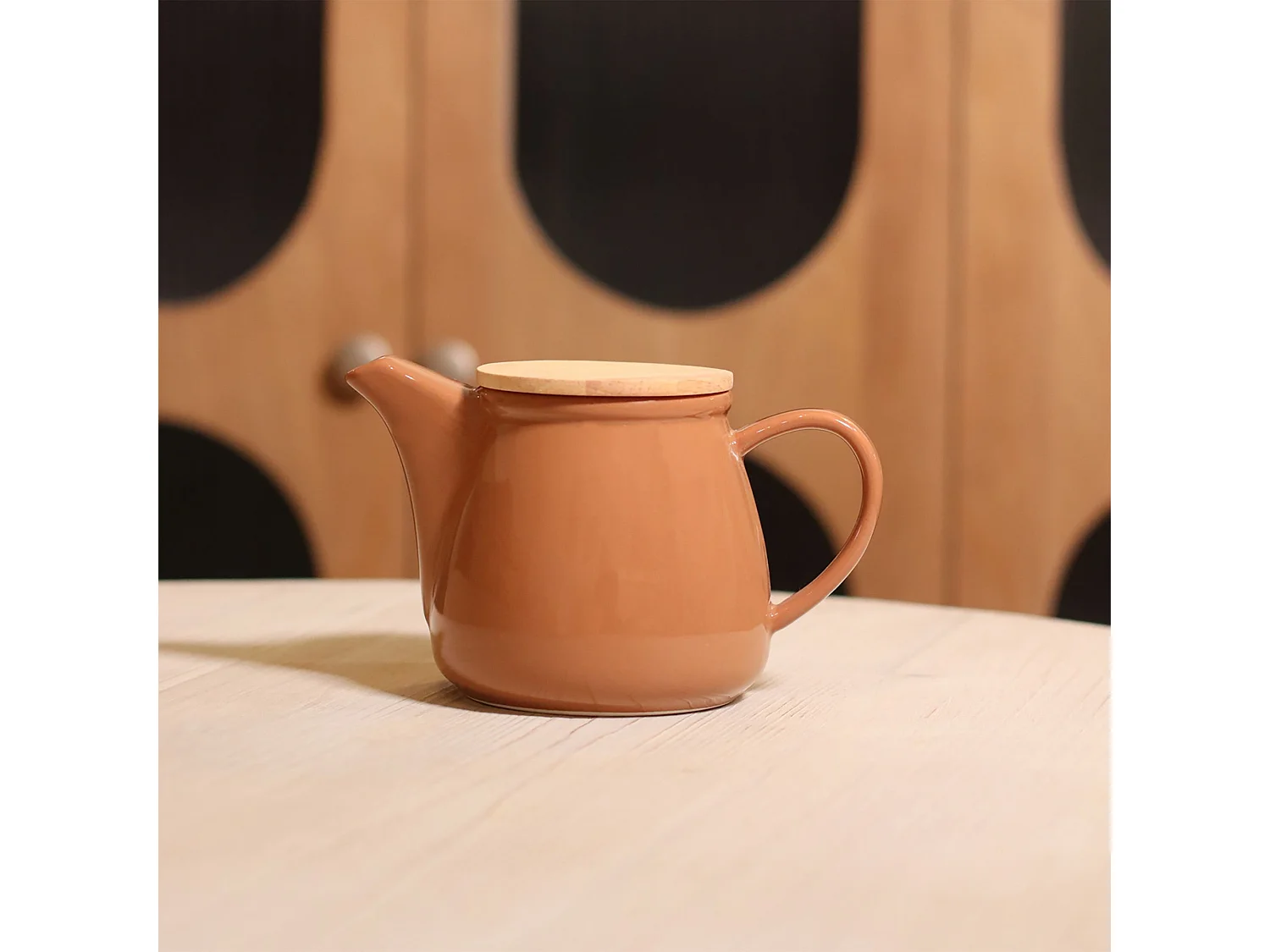 Novastyl - Theiere Anna 500ml En Gres Noisette Avec Couvercle En Hevea