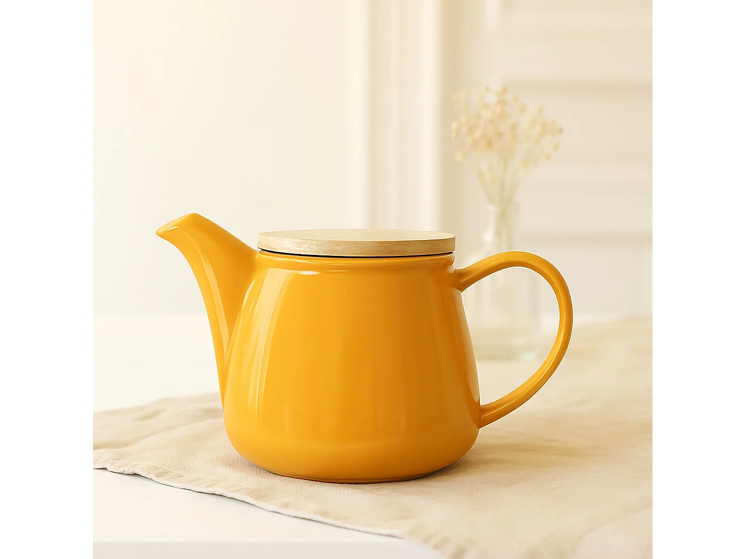 Novastyl - Theiere Anna 500ml En Gres Jaune Couvercle En Hevea