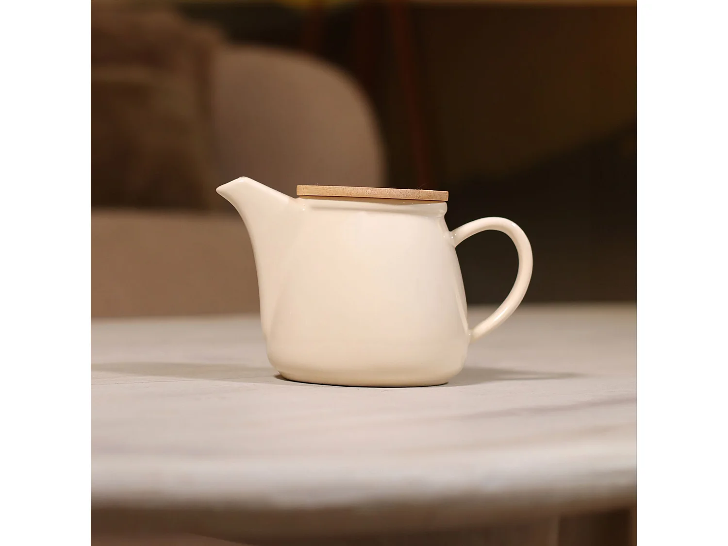 Novastyl - Theiere Anna 500ml En Gres Creme Avec Couvercle En Hevea