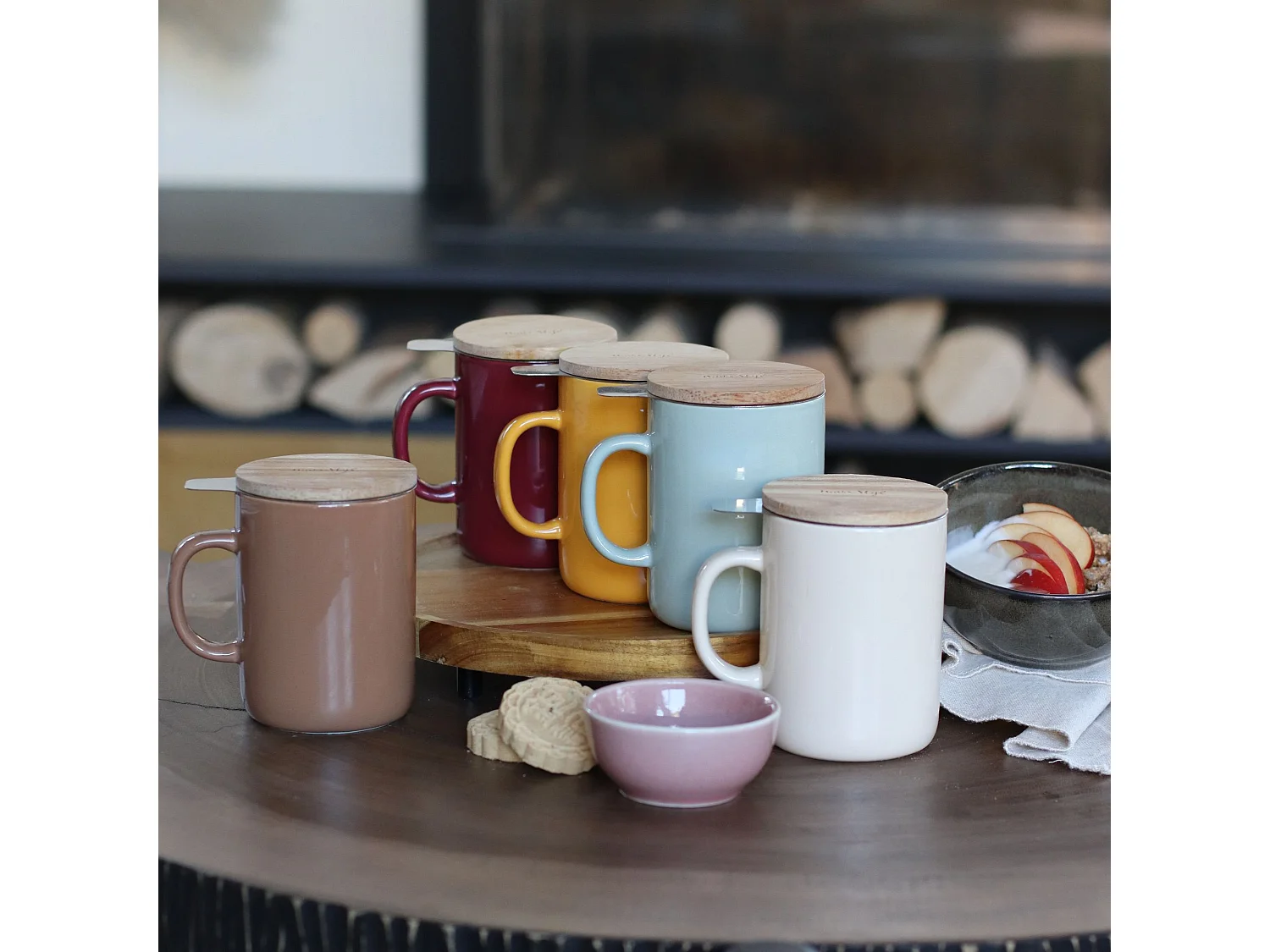 Novastyl - Tisaniere Anna 350ml En Gres Magenta Couvercle En Hevea