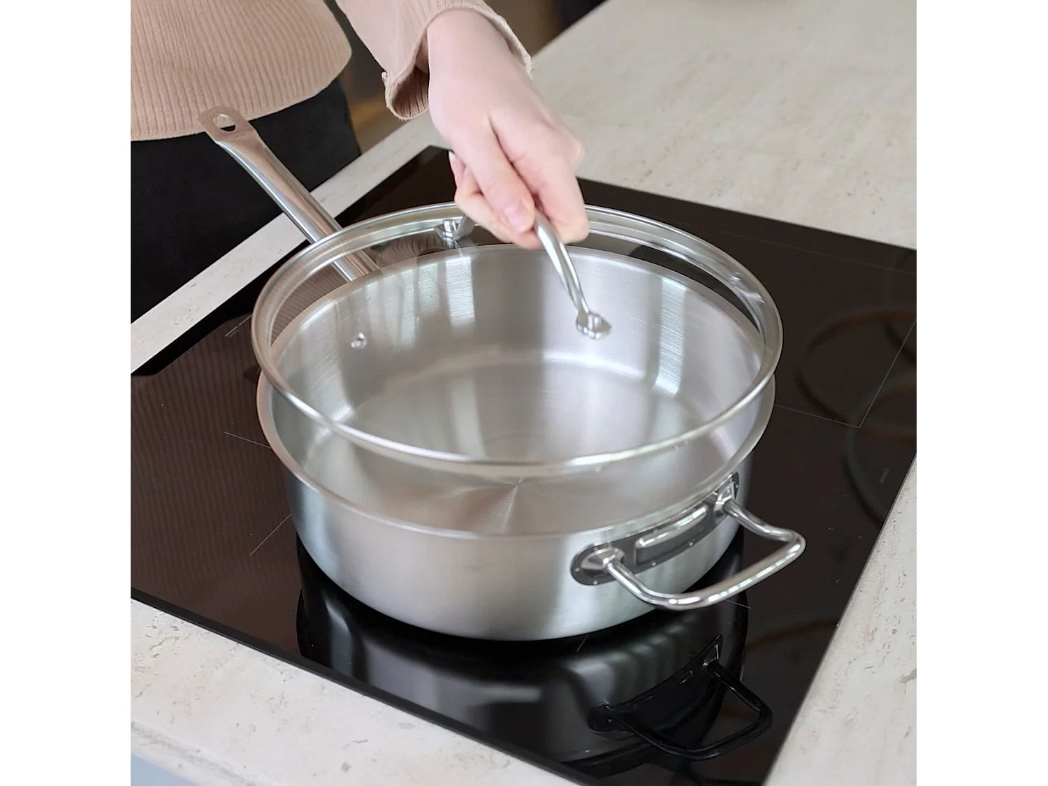 Menastyl - Sauteuse Professionnel 28cm En Acier Inoxydable Avec Couvercle En Verre