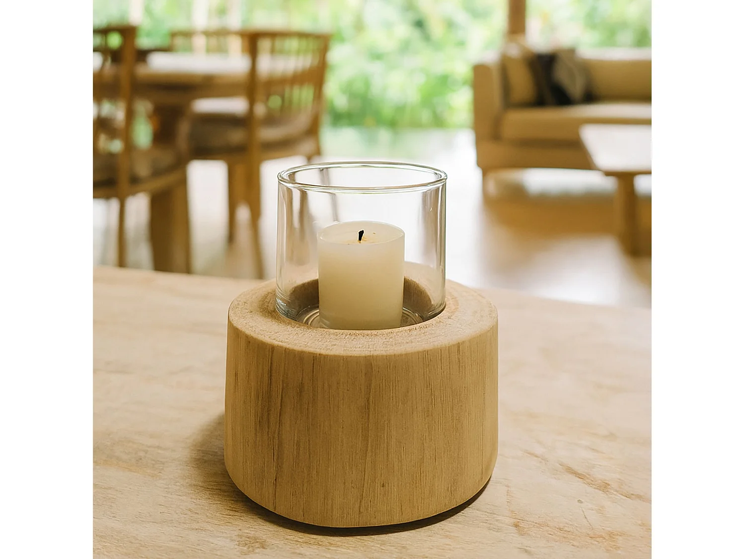 Now's Home - Photophore Avec Verre Base En Teck Dia13xh7cm Biak