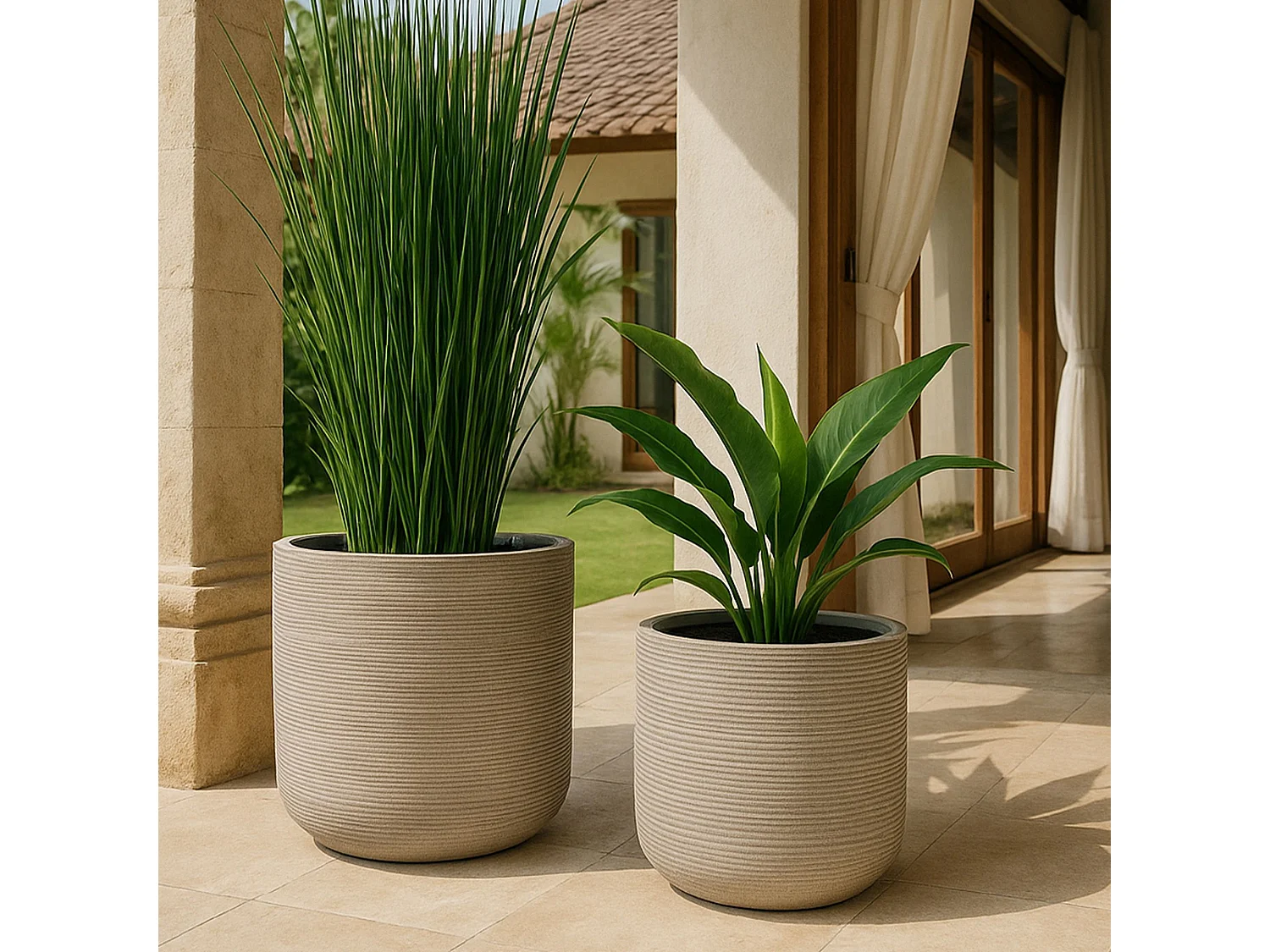 Now's Home - Set2 Pots Ronds En Fibre D'argile Taupe  D45xht45 Et D38xht40cm Porto