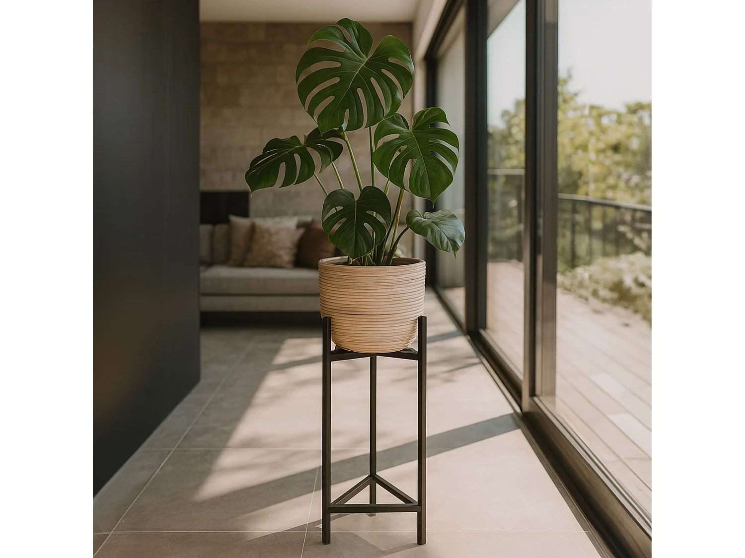 Now's Home - Cache Pot Large - Rotin- Pieds Metal Noir- 35 X 37 X 78/95 Cm Lima