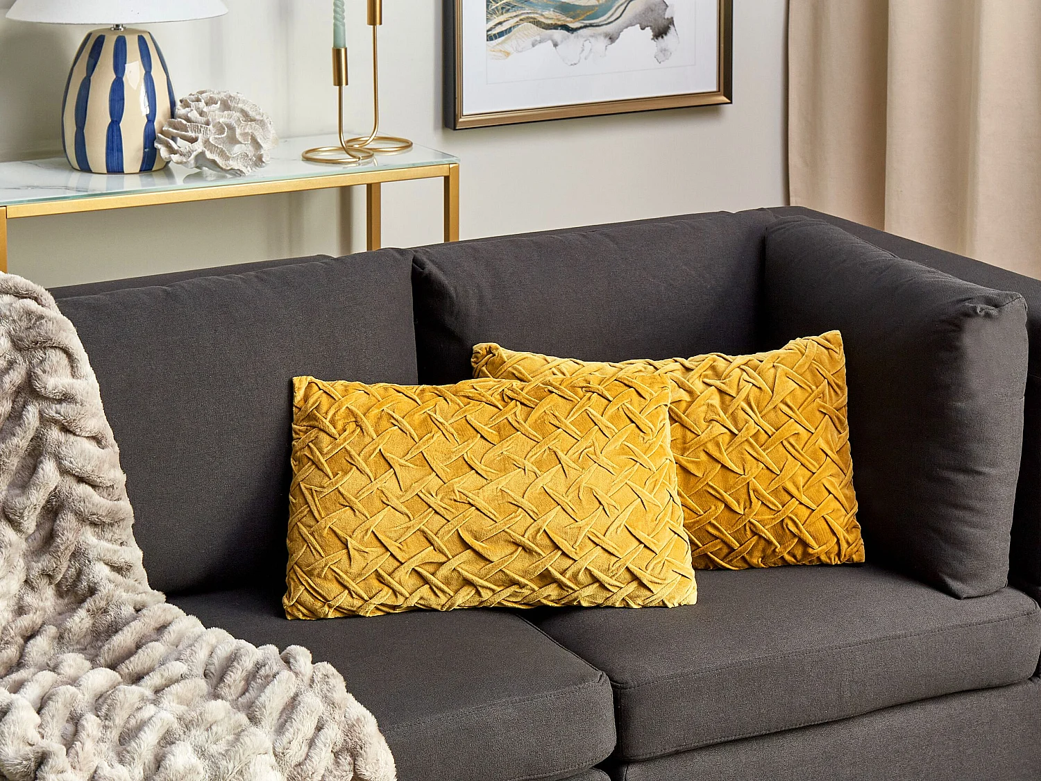 Lot de 2 coussins décoratifs CHOISYA Velours 30 x 50 cm Jaune Unicolore