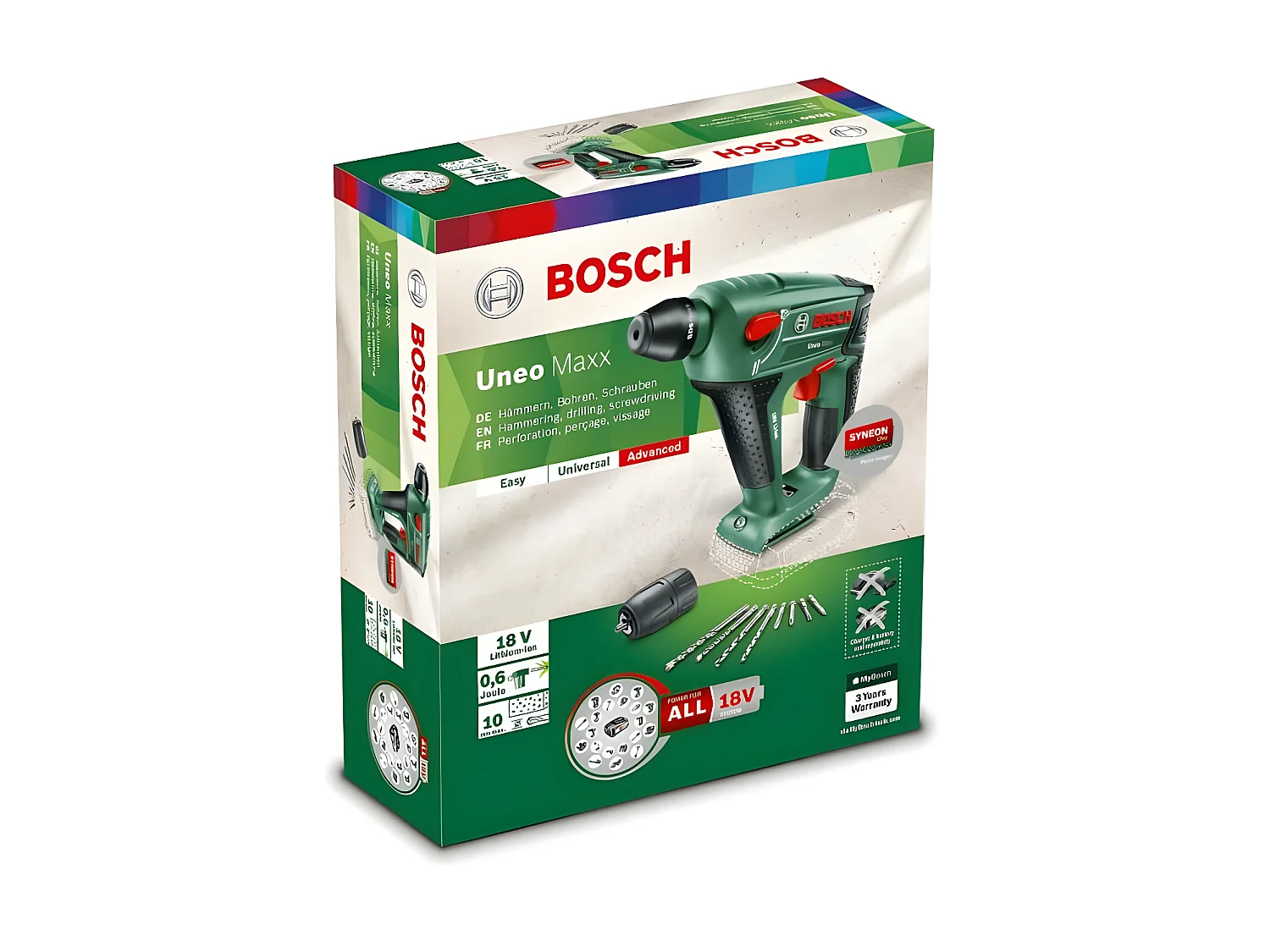 Martello perforatore senza fili Bosch Uneo Maxx - Tempo di ricarica 1h - Frequenza di colpi 5000 colpi/min - Fornito con set di accessori