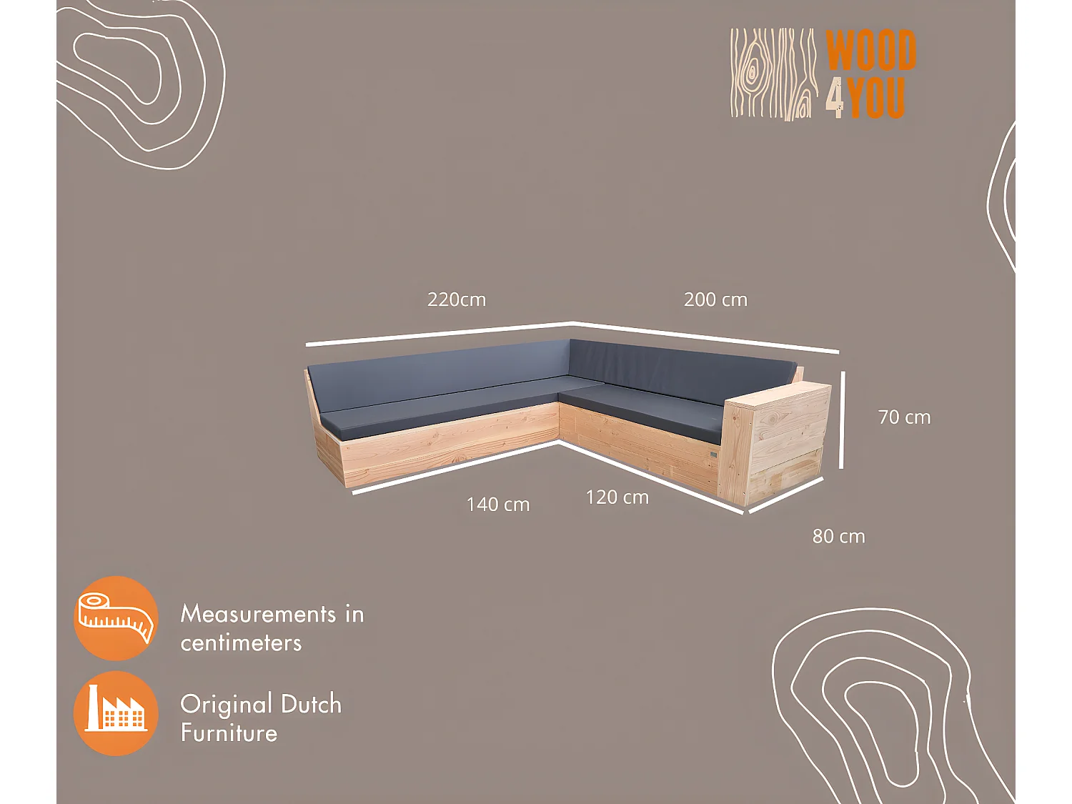Wood4you - Salon 1 Douglas - forme GL - coussins inclus - 220cm - 200cm