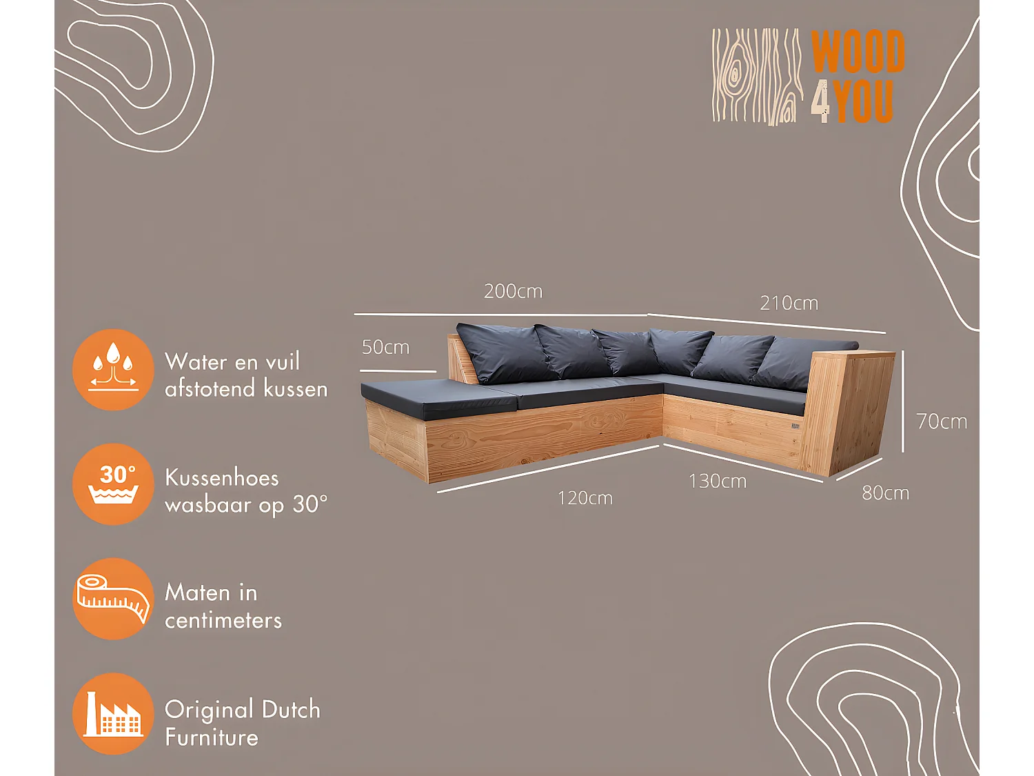 Wood4you - Loungeset 7 douglashout - incl kussens - 200cm - 210cm
